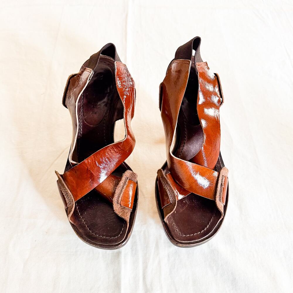 Marni Patent Leather Cross Strap Wood Wedge Heels Size 38 Peep Toe